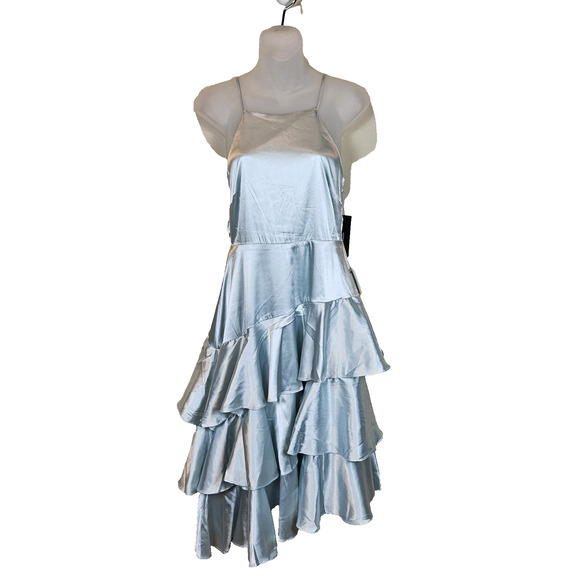 Lulus Call You Up Dress Mint Blue Satin Tiered Asymmetrical Midi Ruffle Size M - Picture 3 of 15